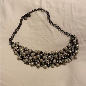 Faux Diamonds & Pearls on Gunmetal Mesh Necklace